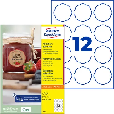 Produktbild von Avery Zweckform 5085, Etiketten in Blumenform, ablösbar, A4, 60 x 59,5 mm, 120 Etiketten / 10 Bögen, weiß