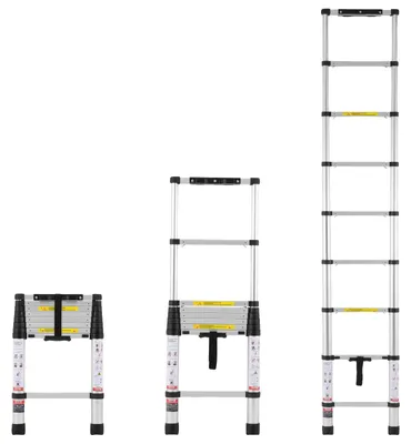 Imagen del producto de VEVOR, escalera telescópica de aluminio, 2,6 metros. Escalera plegable telescópica con mecanismo de retracción mediante un botón. Capacidad de carga de 160 kg. Ideal para uso doméstico, en caravanas y en áticos