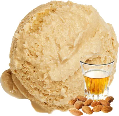 A scoop of ice cream with a shot glass of amber liquid and almonds.