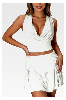 Produktbild von 2-teiliges Damen Sommer Outfit Y2K Neckholder Top Gerüschtes Bauchfreies Oberteil und Hohe Taille Mini Skortrock Set