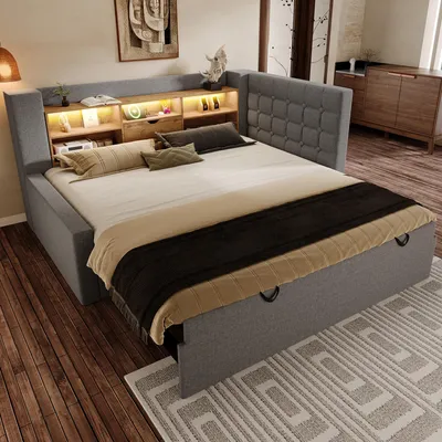 Image de OKWISH Lit Gigogne 90x200/90x190 cm - Lit Rembourré avec LED et Tête de Lit L-Forme Rangement, en Lin - sans Matelas Gris