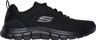 A side view of a black Skechers shoe against a white background.