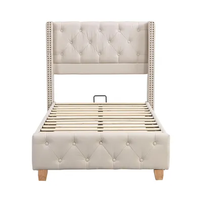 Produktbild von Flieks Polsterbett 90x200cm Jugendbett mit Lattenrost, Einzelbett Klassische Betten Kinderbett Massivholzbett, Leinen, Beige
