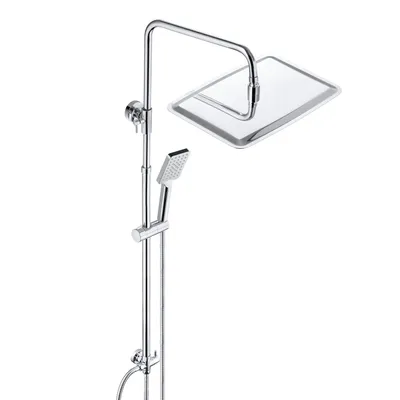 A chrome shower system with a large rectangular overhead shower head and a handheld shower head on a vertical pole.