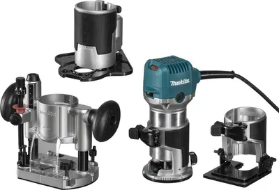 A collection of Makita router bases and a router motor are displayed against a white background.