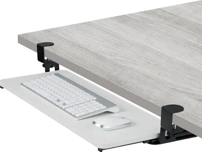 Zdjęcie produktu dla Podstawka pod klawiaturę Relaxdays, 65 x 24 cm, wysuwana, mocowana za pomocą zacisków, ergonomiczna, do montażu pod klawiaturą, nowoczesna, biała
