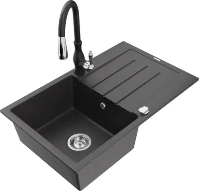 Produktbild von Mexen Bruno 1 Becken-Granitspüle mit Abtropffläche und Mischbatterie Savita, Schwarz gesprenkelt - 6513-76-672601-70