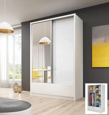 Image de Armoire à portes coulissantes pour chambre à coucher avec tiroirs et miroir, blanc / blanc brillant - Largeur : 150-154 cm