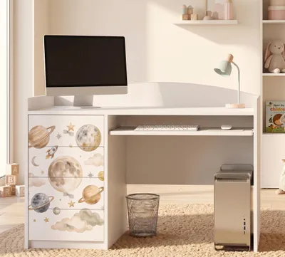 Image de Bureau pour enfants, bureau pour étudiants, blanc, avec 4 tiroirs. Grand bureau d'étude pour filles et garçons, avec un design attrayant et un motif décoratif, Image générée par une IA
