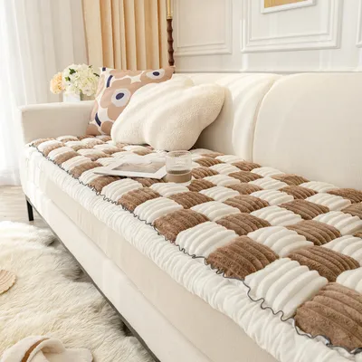 Image de （70*210cm, Housse de canapé en flanelle brun foncé）Coussin de canapé en damier Housse de canapé en coton jardin-chic Style crème à carreaux pour coussin de protection de canapé, coussin de fenêtre en baie, coussin de chevet, tatami