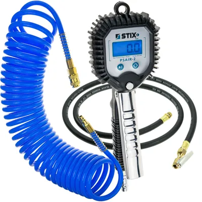 Image de Pistolet à pression de pneus STIX PSAIR-2 avec manomètre numérique 0-18 bar et tuyau de 1,5 m + 10 m de tuyau d'airPolyuréthaneen spirale 12/8 mm