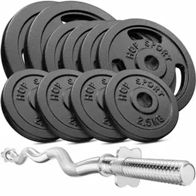 Produktbild von Hop-Sport Gusseisen Hantel-Set 57kg SZ-Stange 30mm, 1x Curlstange 120cm, Gewichte 2x10kg, 4x5kg, 4x2,5kg