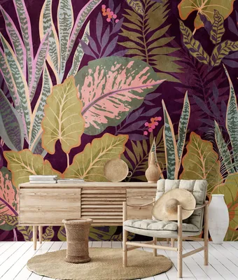 Produktbild von NEWROOM Tapete Lila Vliestapete Dschungel - Wandbild Modern Grün Rose Blumen Palmenblätter Tapete Floral Dschungel