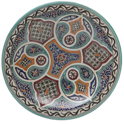 Produktbild von Marokkanische Keramikschale aus Fès – Türkis-Orange – Ø 35 cm