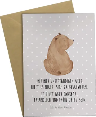 Produktbild von Mr. & Mrs. Panda Grußkarte Bär Schulterblick - Grau Pastell - Geschenk, Bären, Teddy, Weisheit, Selbstachtung, vatertagskarte, osterkarten, dankeskarten, Bärenliebe