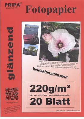 Produktbild von pripa DIN A4 BEIDSEITIG 20 Blatt 220g/m² Fotopapier - beidseitig Glossy (glaenzend) - hochweiß - sofort trocken - wasserfest - sehr hohe Farbbrillianz