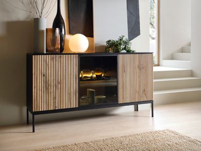 GrainGold Kommode Deo - Kommode mit  Türen - Sideboard, TV-Kommode, LED-Beleuchtung, Kommode mit Glas - Kommode Graphit, Eiche Wotan