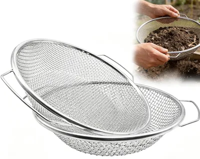 Produktbild von Gartensieb – 30 cm – Edelstahl – Rundes Erdsieb – Maschenweite 6 mm – Sieb mit Netzen – Erdsieb mit Griff – Kompostsieb – Rundes Sieb – 2 Stück