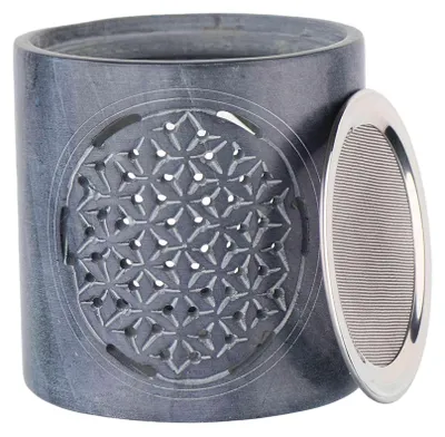 Produktbild von Räucherstövchen Speckstein 10,3x10,3cm – Blume des Lebens Räuchergefäß mit Sieb