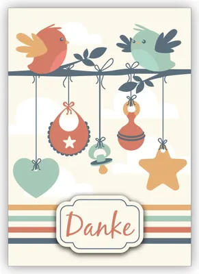 Produktbild von 4x Süße Dankeskarte zur Geburt eine Babys mit Herz, Vögeln, Lätzchen und Schnuller: Danke