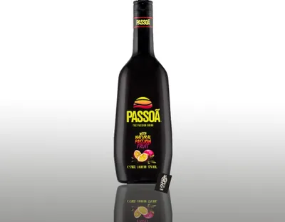 A bottle of Passoa liqueur with passion fruit.