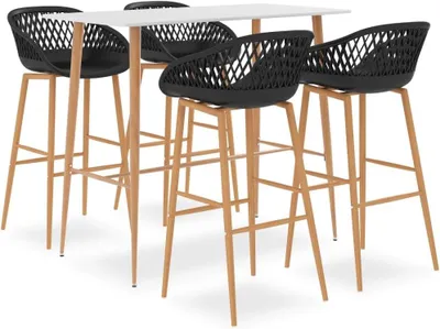 Produktbild von 5-teiliges Bar-Set mit Metallbeinen in Holzoptik, modernem Stehtisch mit stabiler MDF-Platte und Barhockern mit ergonomischer Netz-Rückenlehne
