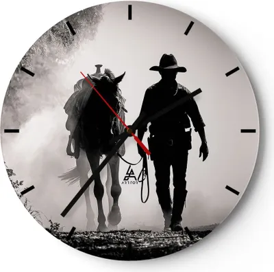 Produktbild von Wanduhr - Rund - Glasuhr - Cowboy Pferd Shady - 30x30cm - Schleichendes Uhrwerk - Lautlos - zum Aufhängen bereit - Dekoration Modern - Wanddekoration aus Glas - C3AR30x30-4620