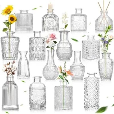 Produktbild von PromoHome® Vintage Glasvasen Set – 16 Stück Mini Tischdekoration, Kristallglas, Gold