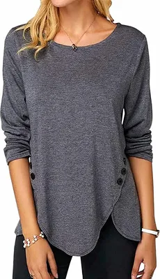 Image de ASKSA Femme T-shirt manches longues col rond uni Chemise manches longues en vrac Tunique Hauts, Gris foncé, L