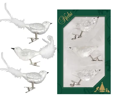 Produktbild von Krebs Glas Lauscha Christbaumschmuck - Vögel silber/satin auf Clip 11cm - Glasschmuck