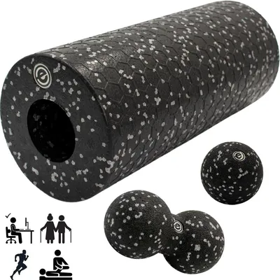 Produktbild von Enero Fit 3in1 Faszien-Set – Massagerolle + Massageball + Doppelball – EPP Faszienrolle für Regeneration, Fitness & Physiotherapie, Schwarz