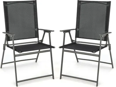 Two black folding chairs with gray metal frames are shown against a white background.