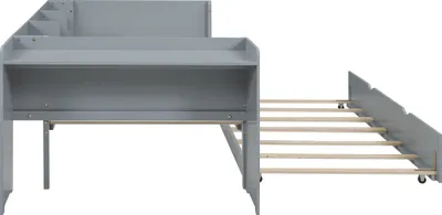 Produktbild von okwish Klassische Betten 90x200cm mit ausziehbarem Bett, Plattformbett Holzbett Kiefer Bettgestell mit Schreibtisch und Regale,Grau