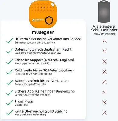 Produktbild von musegear Schlüsselfinder mit Bluetooth App aus Deutschland I Maximaler Datenschutz I 4er Pack bunt I Für iOS & Android I Schlüssel Finden