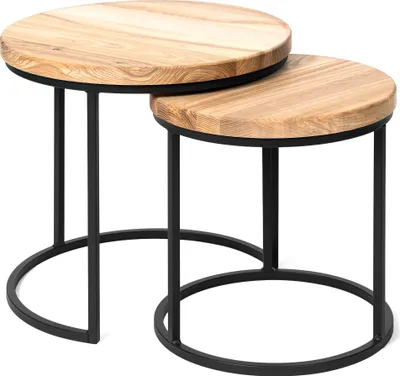 Immagine prodotto di LAMO Manufaktur Tavolini da salotto moderni sovrapponibili in legno - set di 2 pezzi - Tavolino rotondo da salotto, tavolino laterale da divano - Tavolini piccoli - Colore: naturale, gambe: nero