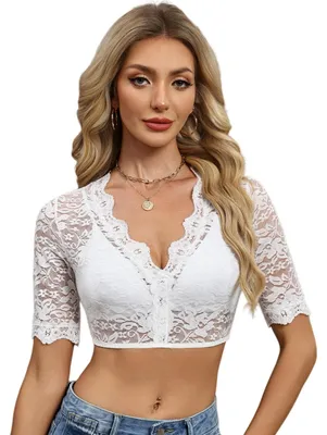 Productafbeelding van Dirndl Blouse - V-Hals Korte Mouw - Zwart/Wit