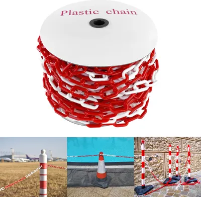Produktbild von UISEBRT Rot Weiß 25m Kunststoffkette Absperrung Absperrkette Metall Warnkette 6mm Stärke Rundstahlkette Baustellensicherungskette Plastikkette