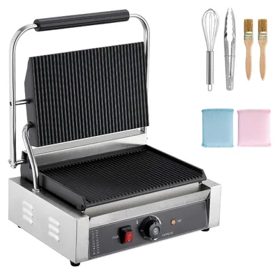 Immagine prodotto di SucceBuy Griglia per panini commerciale a contatto 2200 W per panini, bistecche, bacon e hamburger, macchina per panini in acciaio inox con maniglia, controllo della temperatura e piastra riscaldante da 34 x 23 cm