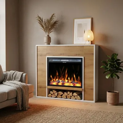 Produktbild von Garlivo Elektrokamin 'VENEZIA Weiss/ Eiche ' | LED Standkamin in weiss mit Heizung (1500 W) | HxBxT: 92x110x28cm