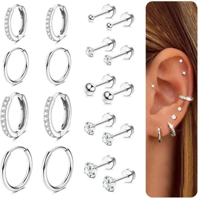 Obrázek produktu pro Sada 9 párů náušnic, chirurgická ocel 316L, zlato, stříbro, kubická zirkonie, hypoalergenní, vhodné pro piercing chrupavky, kruhové náušnice