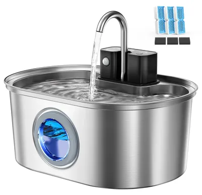 Image de Fontaine à eau pour chats en acier inoxydable, 3,2 litres : Fonctionne sur batterie, sans fil