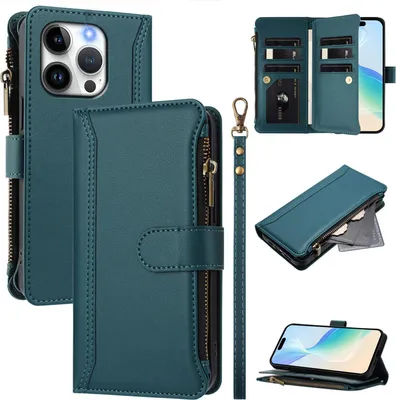 Image de Étui pour iPhone 14 Pro, étui portefeuille zippé en cuirPolyuréthaneavec pochettes pour cartes, support et dragonne, vert