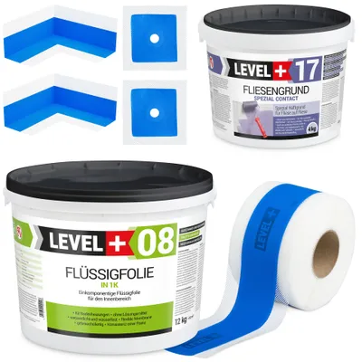 Obrázek produktu pro Hydroizolační sada Tekutá fólie 12kg Základní nátěr na dlaždice 4kg Těsnicí páska 20mb Sprcha - LEVEL+ SET338