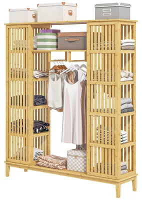 Produktbild von Kleiderschrank aus Bambus mit 2 Schiebetš¹ren, Einlegeb?den und Kleiderstange, gro?er Kleiderschrank fš¹r das Schlafzimmer, 145 x 35 x 165 cm