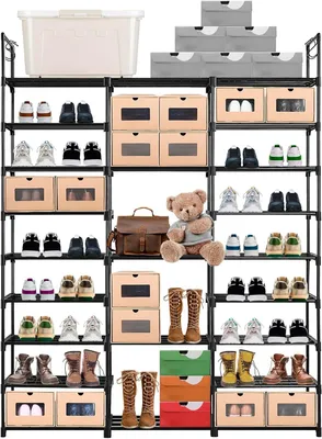 Immagine prodotto di Scaffale per scarpe con 9 ripiani, dimensioni 157 x 127 x 30,5 cm, in metallo, colore nero, ideale per l'ingresso