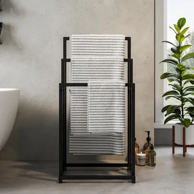 Image de Porte-serviettes autoportant, 3 barres, en acier, noir, pour salle de bain