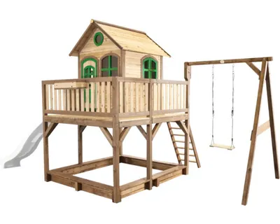 Image de Axi Liam Maison Enfant Avec Bac À Sable, Balançoire & Toboggan Blanc | Aire De Jeux Pour L'Extérieur En Marron & Vert | Maisonnette / Cabane De Jeu