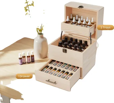 Productafbeelding van Etherische olie organizer, 59 vakken, 3 niveaus, gemaakt van grenenhout, afmetingen 21,5 x 18,5 x 24,5 cm, geschikt voor flesjes van 15 ml en 10 ml