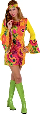 Hippie Kostüm Mrs. Orange für Damen Hippie-Kleid 34-48 bunt SALE 70er Jahre Outfit Retro Schlagermove Fasching Karneval Mottoparty