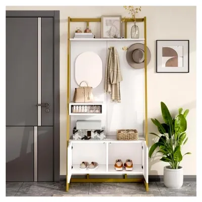 Produktbild von Garderobenständer mit Spiegel – Offene Kompaktgarderobe mit Schuhbank und Metallhaken, multifunktionale Flurgarderobe, Weiß, 78×38,5×180,5 cm